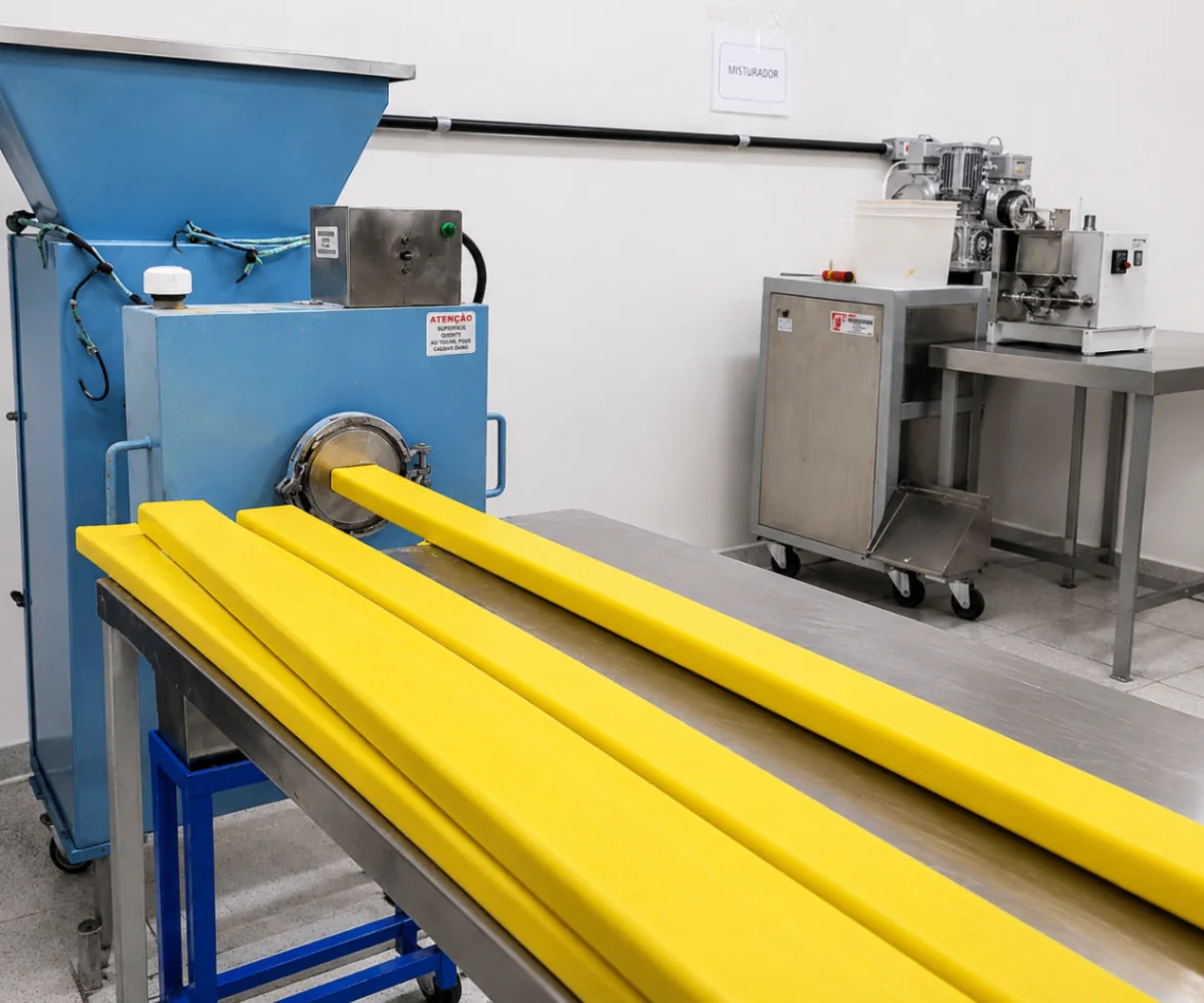 Máquina da fábrica formando longas barras amarelas de sabonete